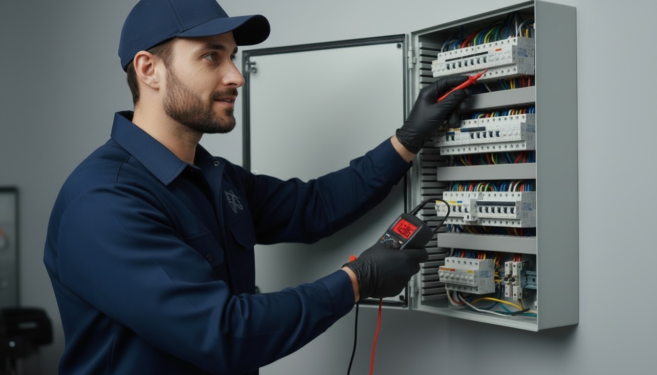 Eletricista realizando reparo em tomada residencial