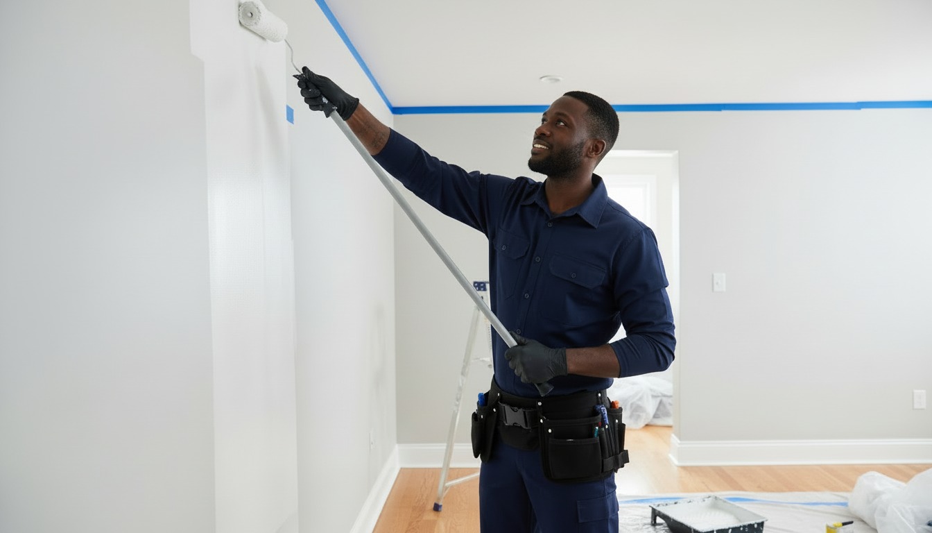 Pintor aplicando tinta em parede residencial